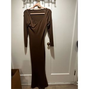 Fashion Nova Bodycon Maxi Dress Brown Large  Women Lounge Long Sleeve Dresses
